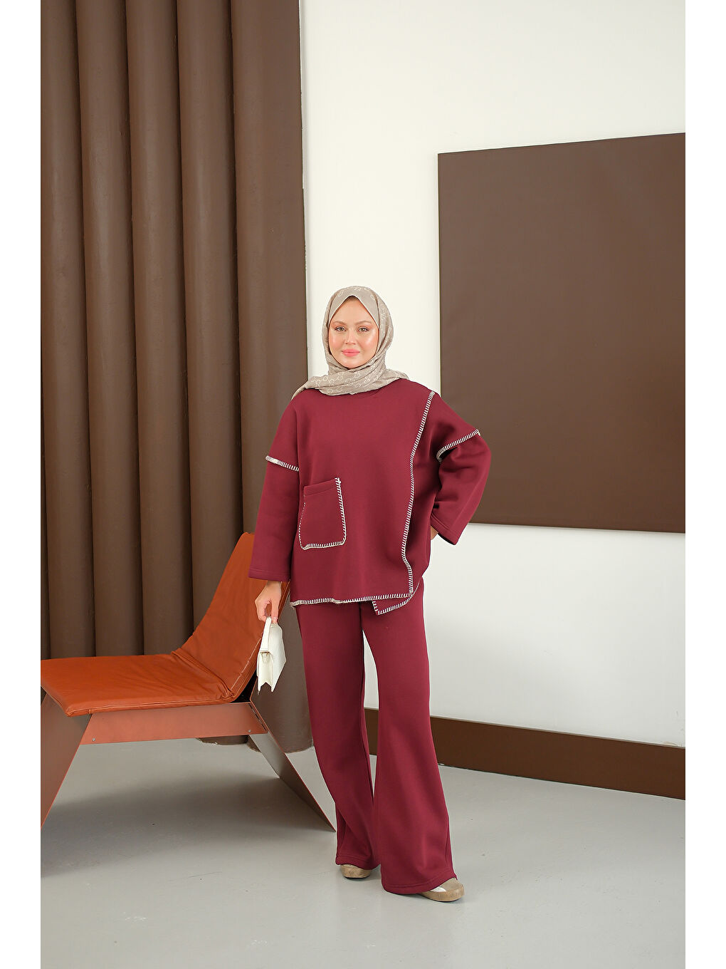 Kadın Dikiş Detay Cepli Takım Bordo-3
