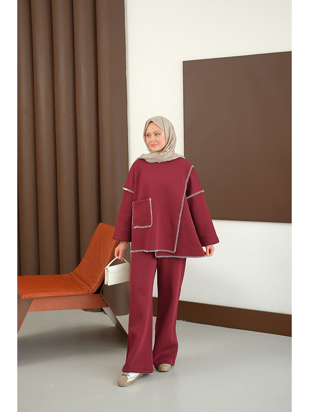 Kadın Dikiş Detay Cepli Takım Bordo-4