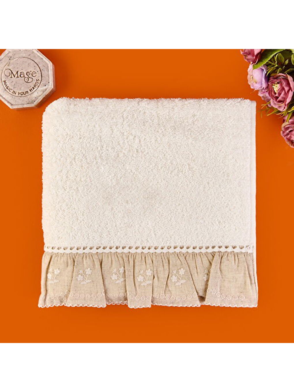 Soft French Cottage Twin Çiçek Desenli Yüz Havlusu - Ekru - 50x90 cm