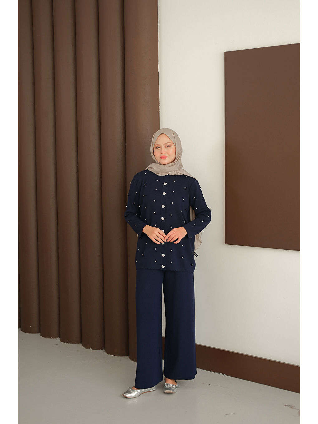 Kadın Kalp Düğme Detay Triko Takım Lacivert-1