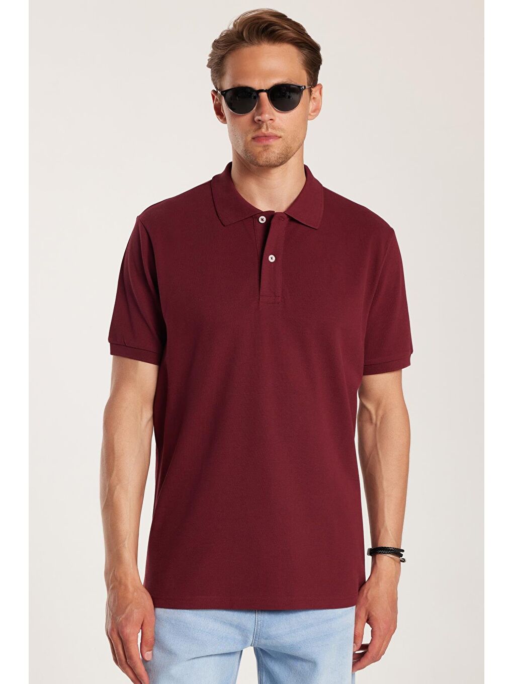Erkek Regular Fit Klasik Kesim %100 Pamuk Düz Pike Bordo Polo Yaka Tişört-3