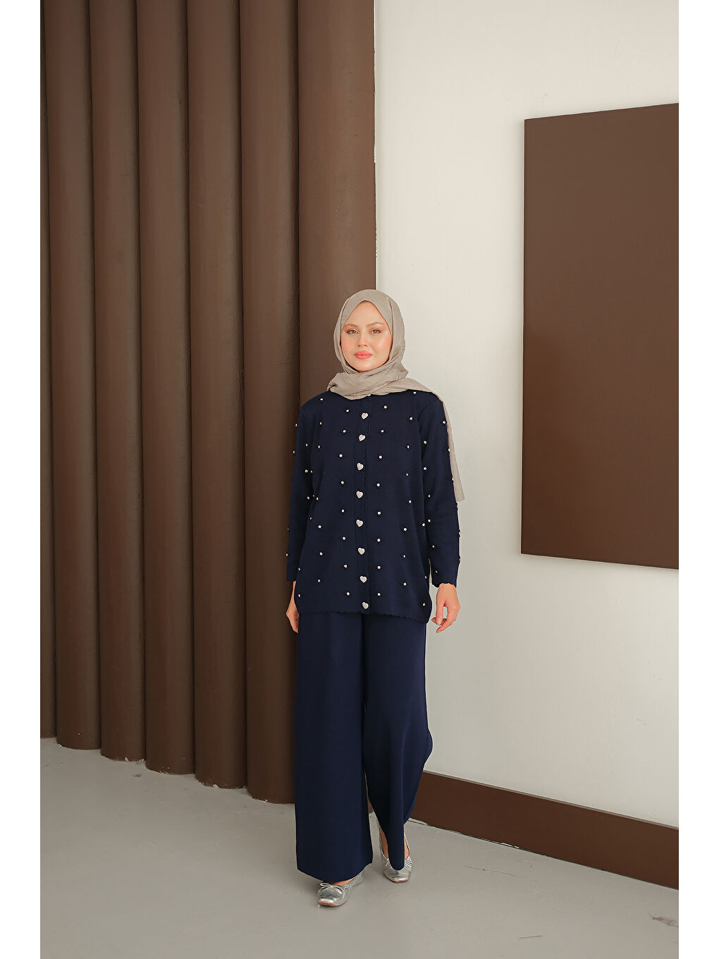 Kadın Kalp Düğme Detay Triko Takım Lacivert-2