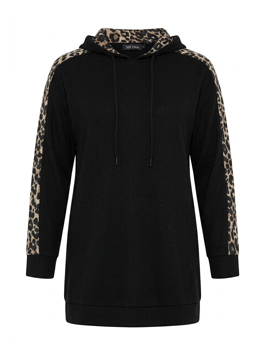 Siyah Leopar Desenli Kapüşonlu Sweatshirt-5