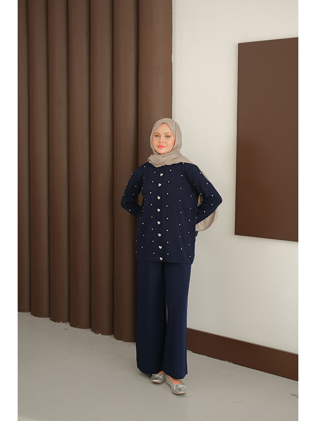 Kadın Kalp Düğme Detay Triko Takım Lacivert-3