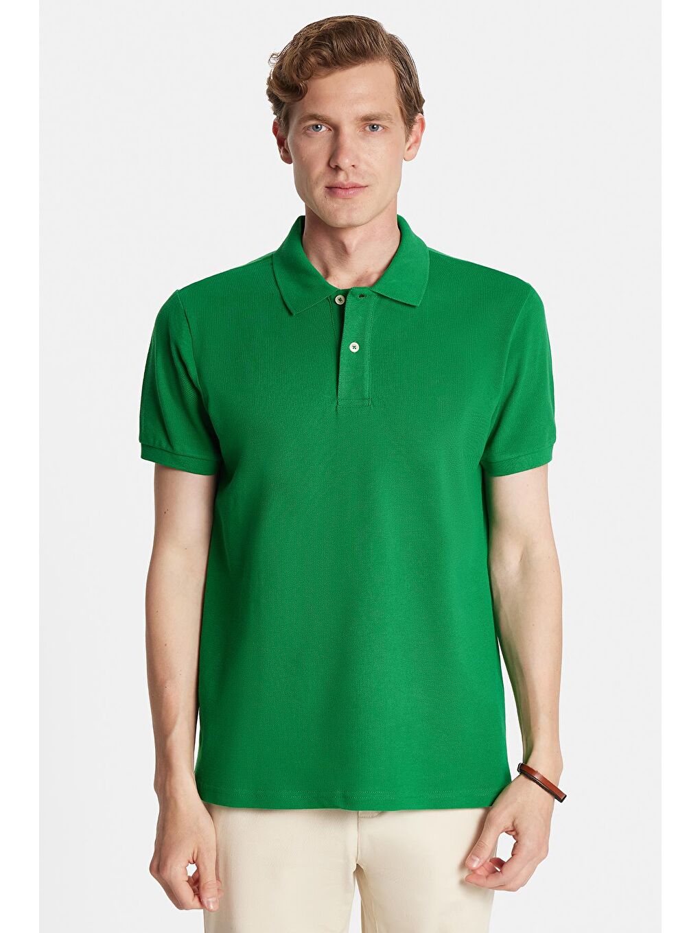 Erkek Slim Fit Dar Kesim %100 Pamuk Yeşil Polo Yaka Tişört-3