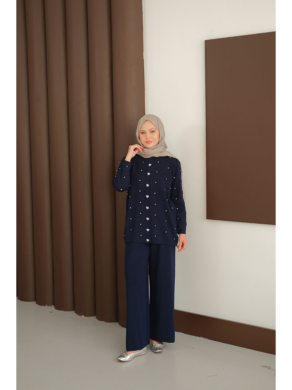 Kadın Kalp Düğme Detay Triko Takım Lacivert-4