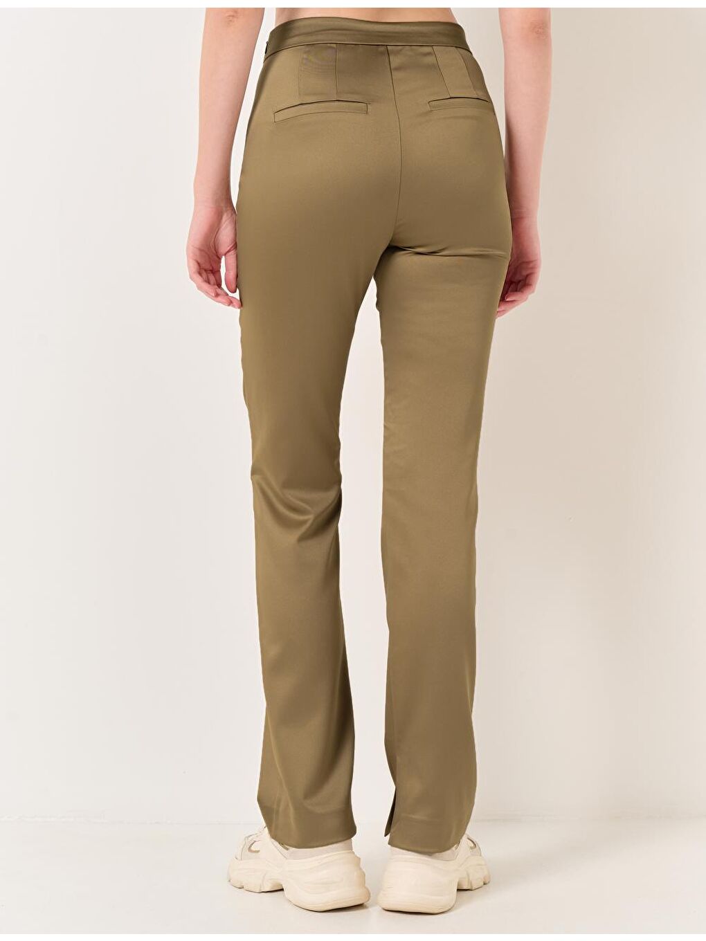 Yağ Yeşili Yüksek Bel Düz Paça Saten Pantolon-5