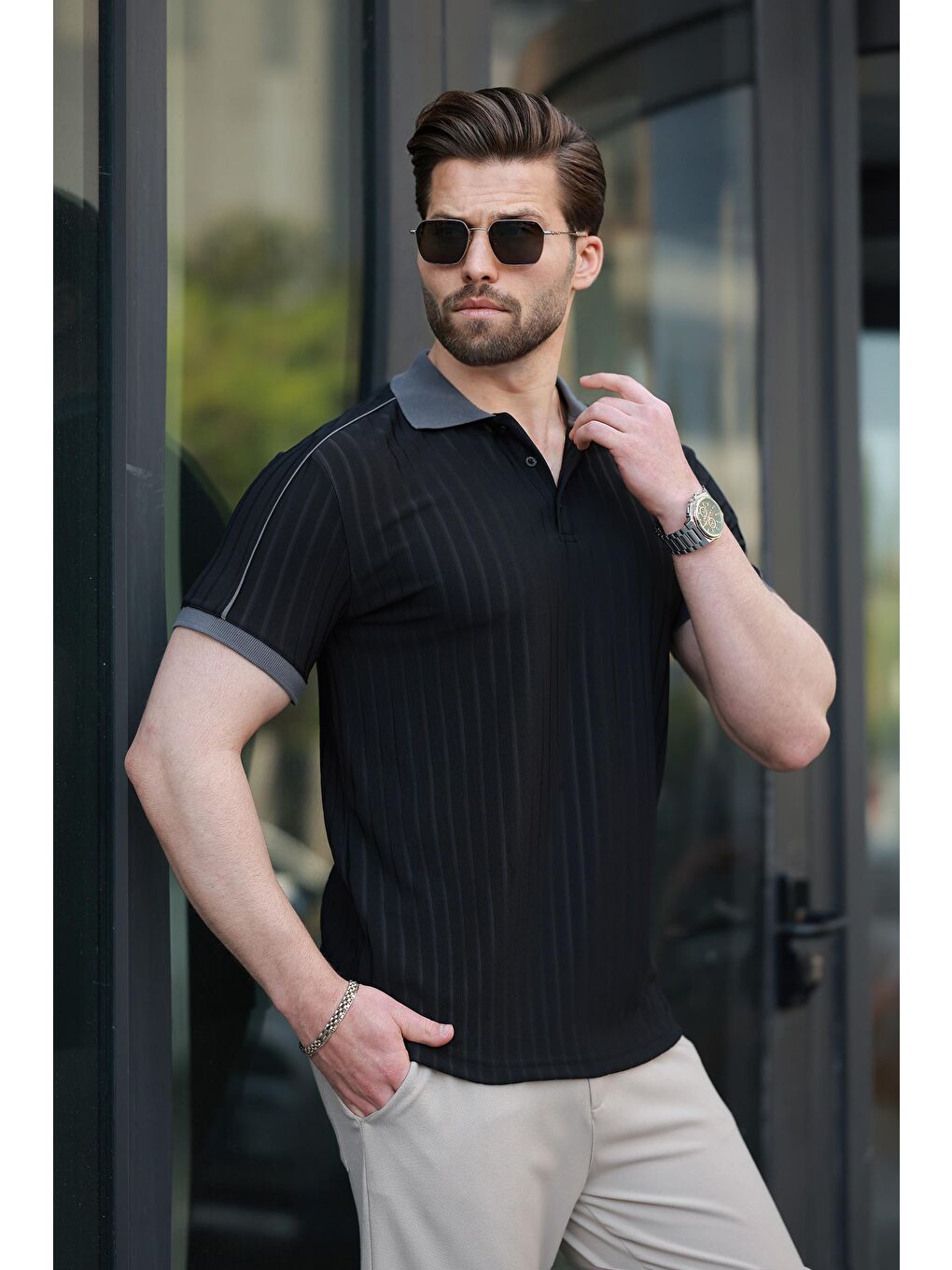 Siyah Desenli Polo Yaka Triko Erkek Tişört E7155