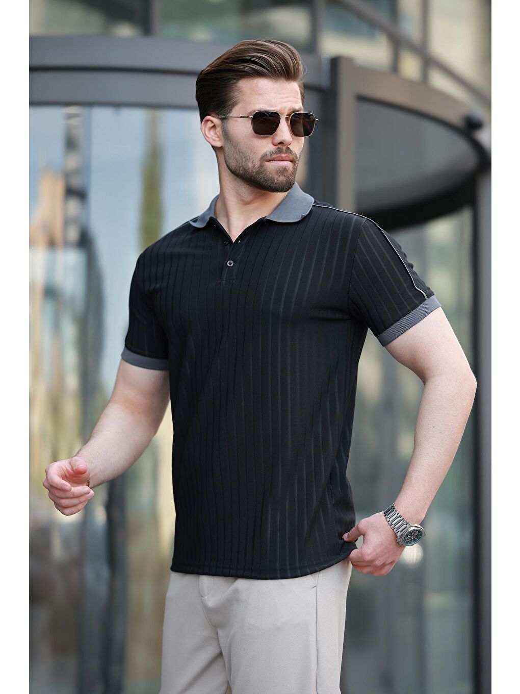 Siyah Desenli Polo Yaka Triko Erkek Tişört E7155-1