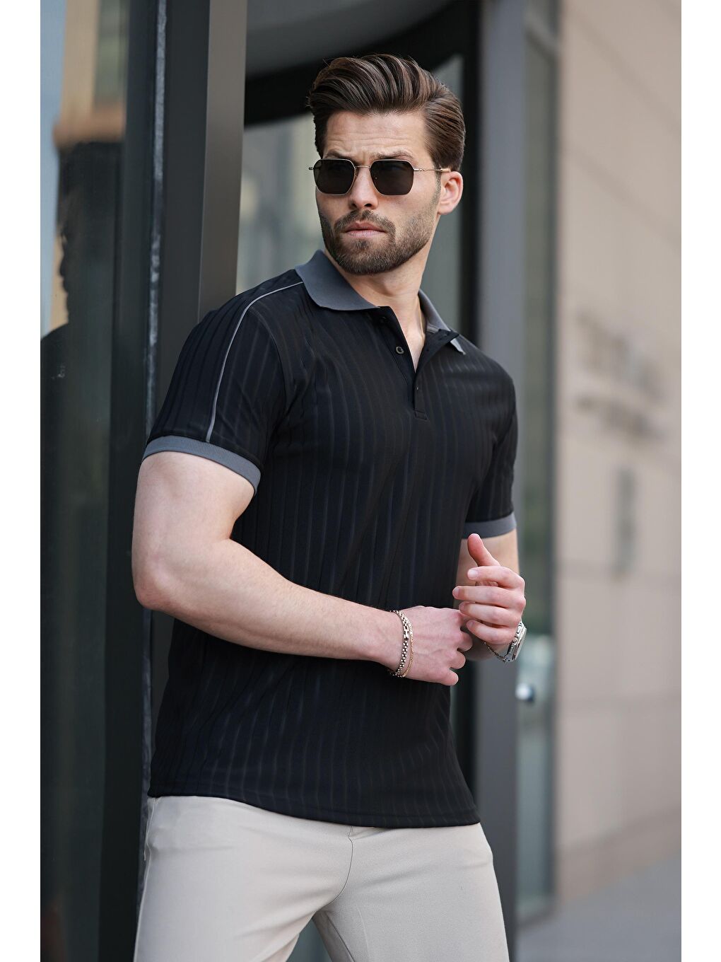 Siyah Desenli Polo Yaka Triko Erkek Tişört E7155-2