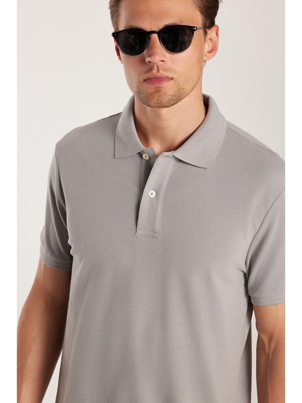 Erkek Slim Fit Dar Kesim %100 Pamuk Gri Polo Yaka Tişört-1