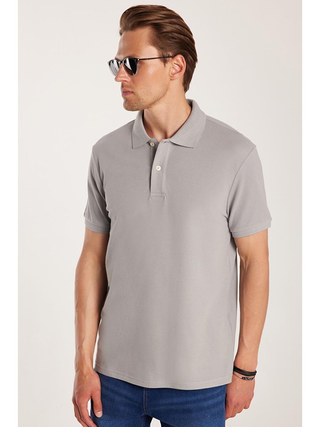 Erkek Slim Fit Dar Kesim %100 Pamuk Gri Polo Yaka Tişört-3