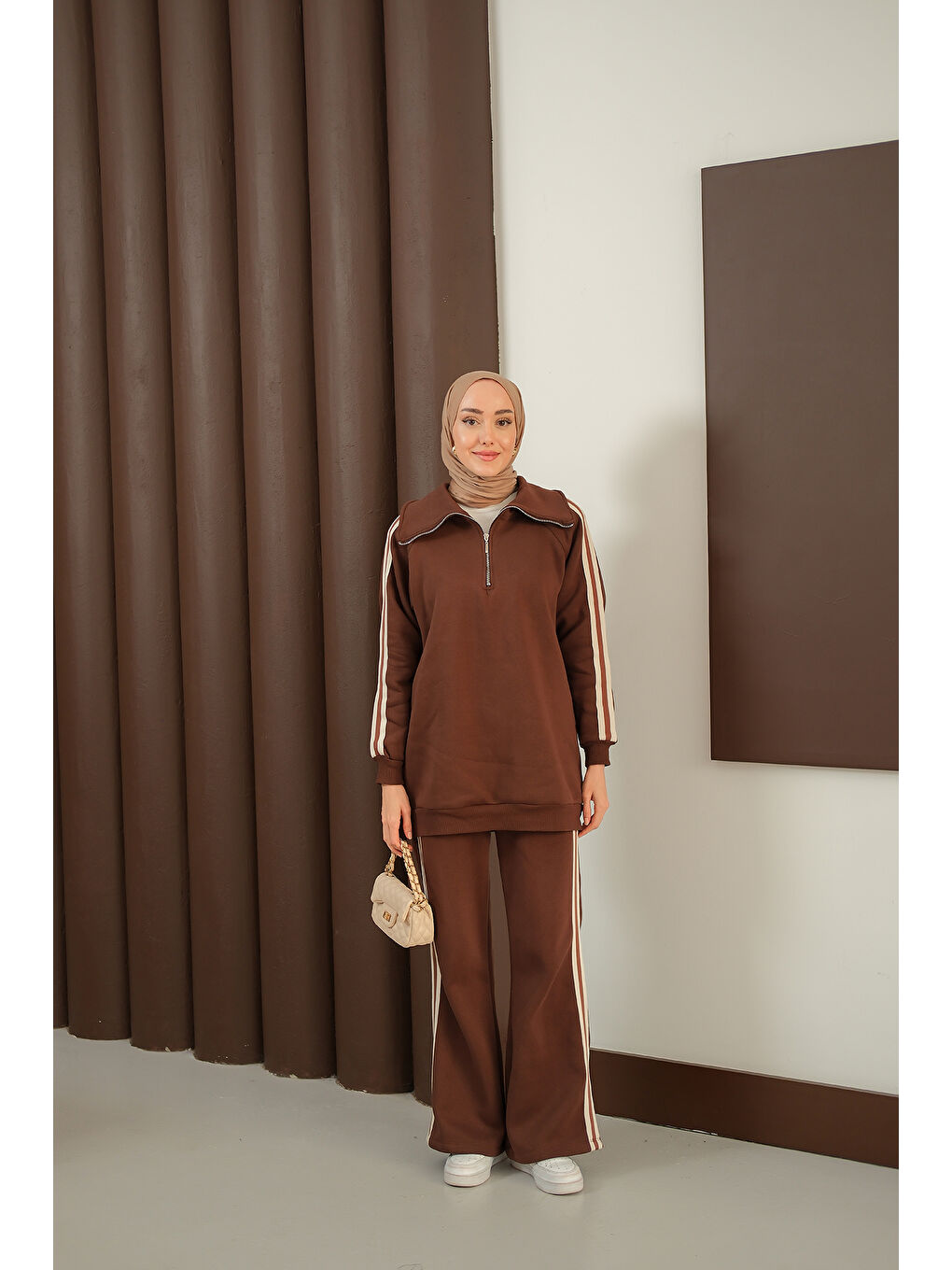 Kadın Yanları Şerit Detay Takım Kahverengi-1