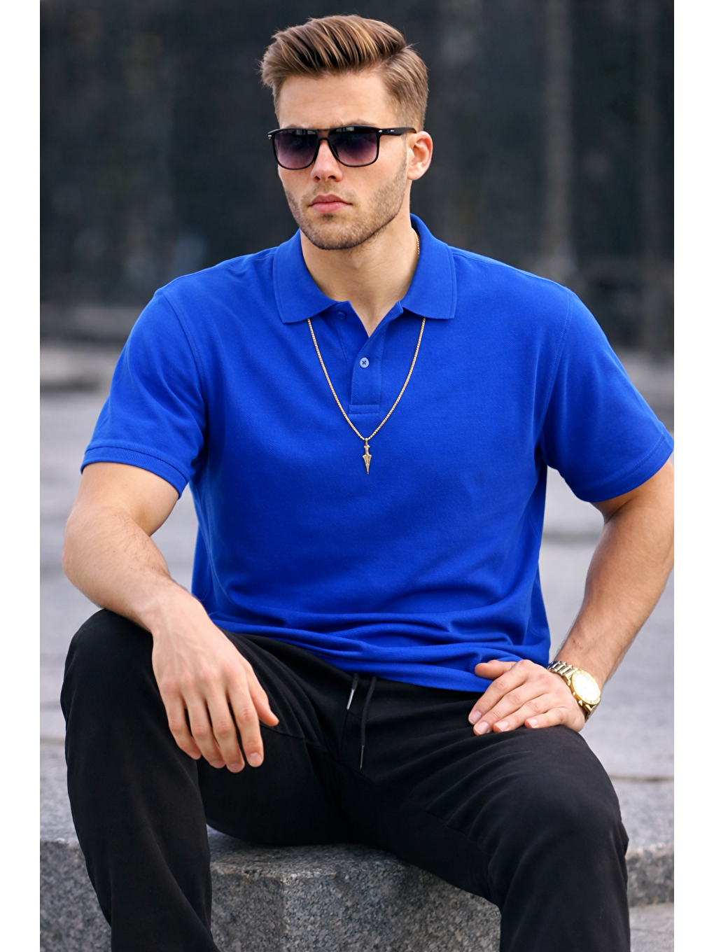 Erkek Basic Relax Mavi Polo Yaka Tişört-3