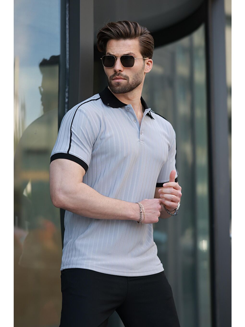 Boyalı Gri Desenli Polo Yaka Triko Erkek Tişört E7155-1