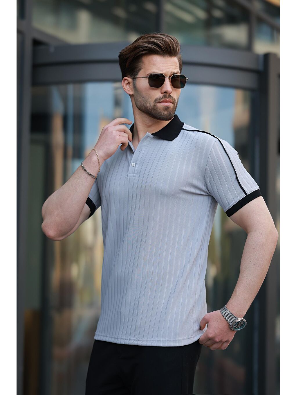 Boyalı Gri Desenli Polo Yaka Triko Erkek Tişört E7155-2