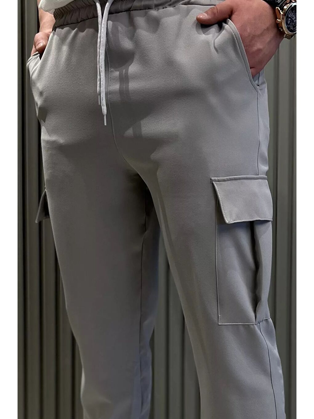 Gri Bel Bağlamalı Kargo Cepli Erkek Jogger Yürüyüş Pantolonu-3
