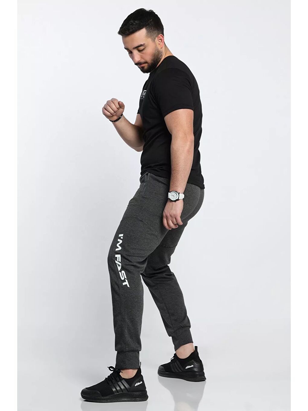 Antrasit Erkek Yan Baskılı Alt Eşofman-1