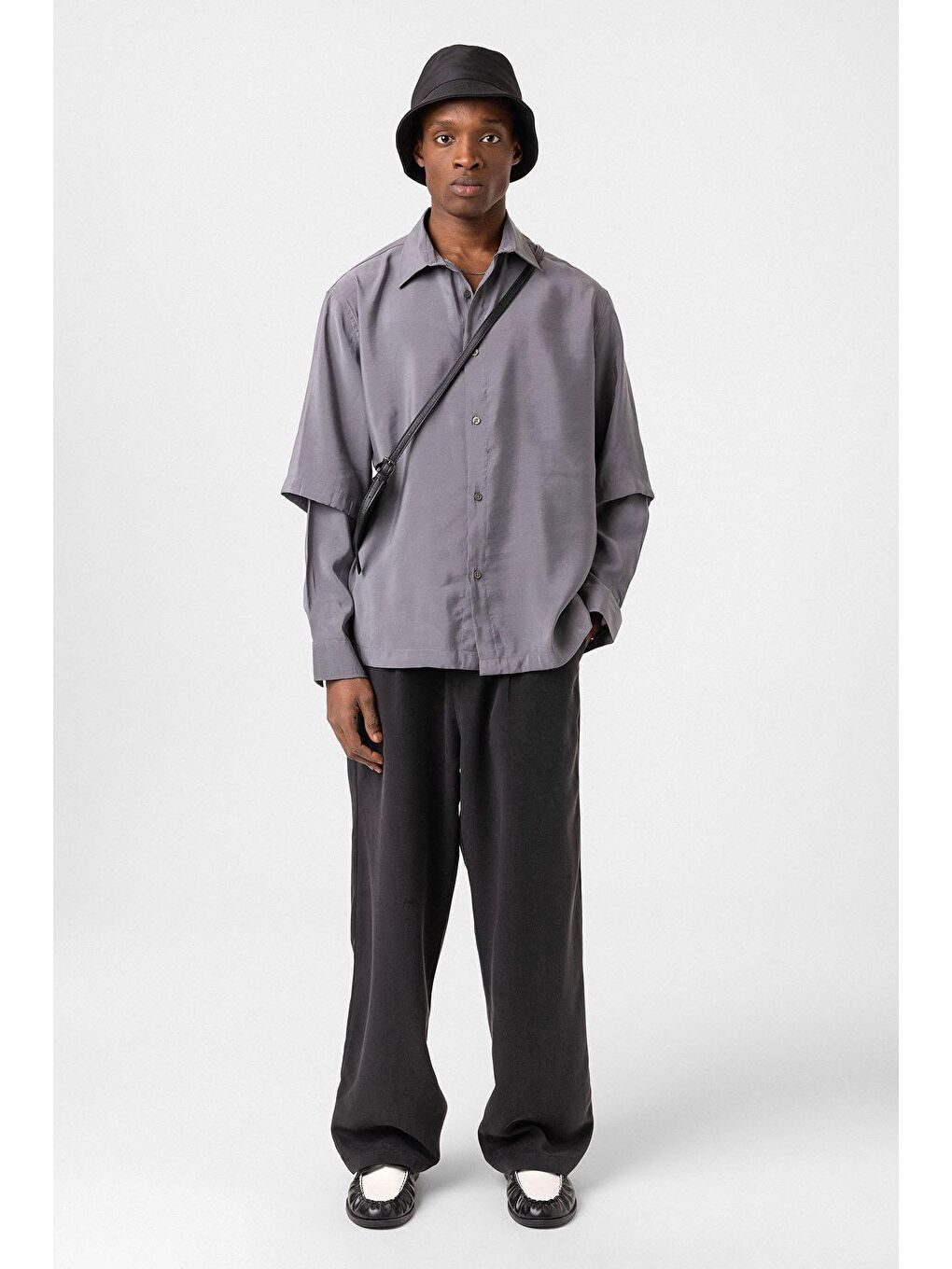 Çift Kol Detaylı Oversize Gömlek Gri