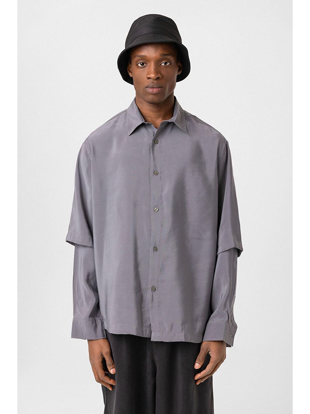 Çift Kol Detaylı Oversize Gömlek Gri-2