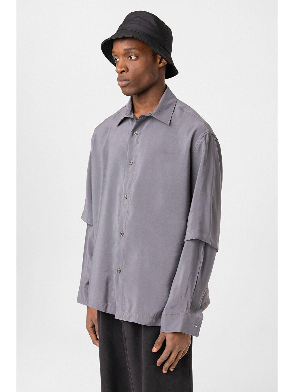 Çift Kol Detaylı Oversize Gömlek Gri-3