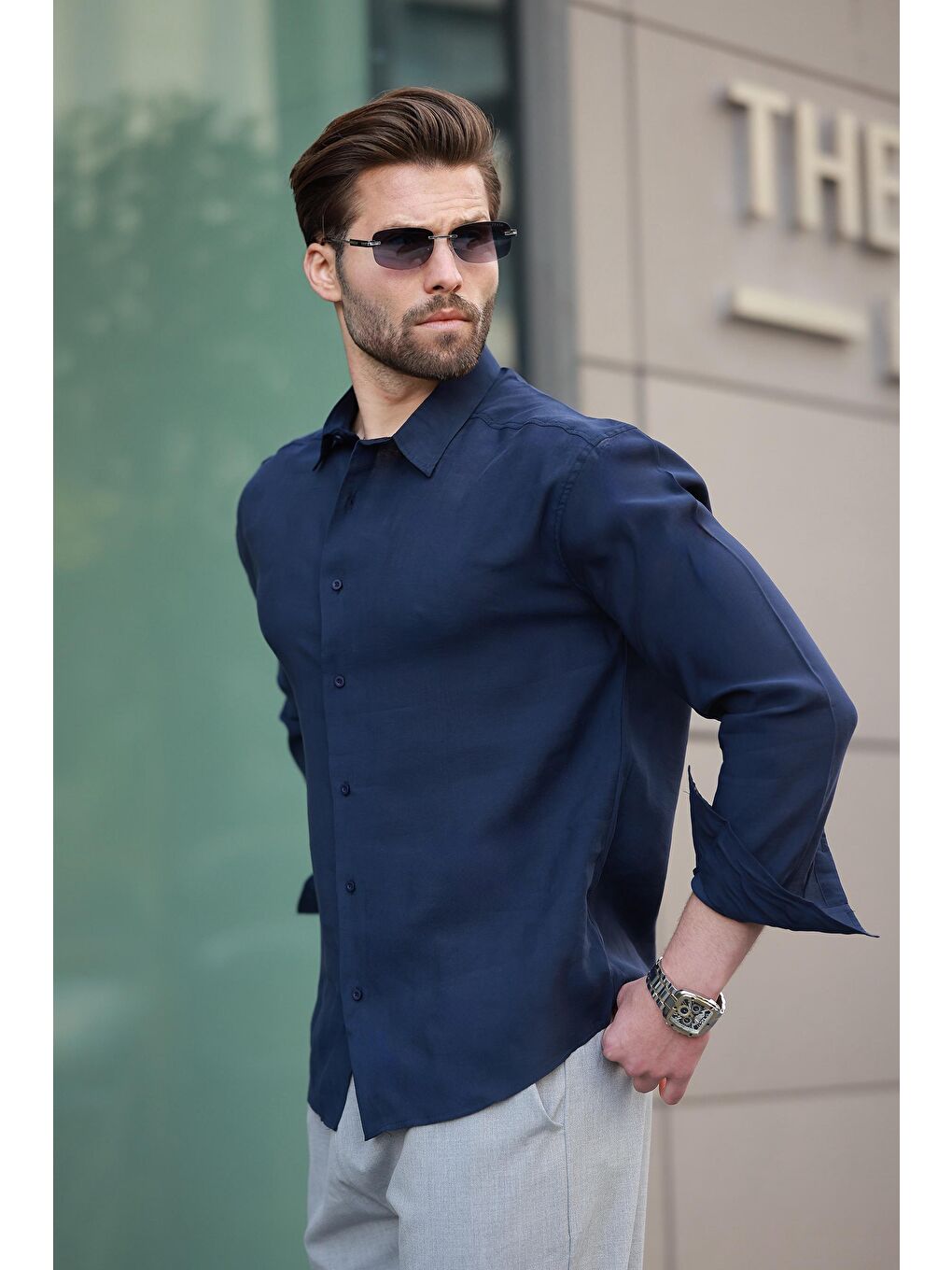 Lacivert Basic Uzun Kollu Erkek Gömlek E6762-1