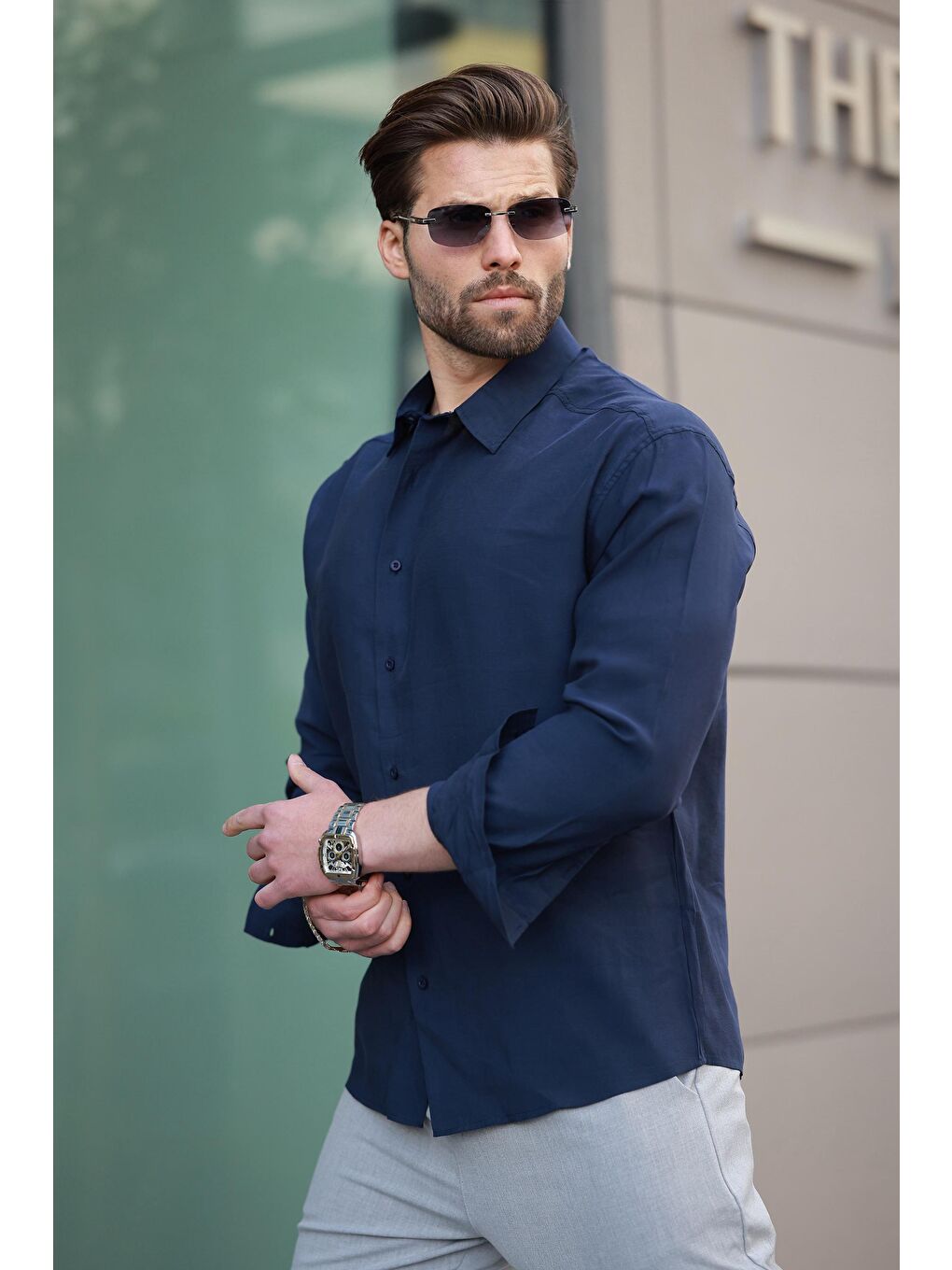 Lacivert Basic Uzun Kollu Erkek Gömlek E6762-2