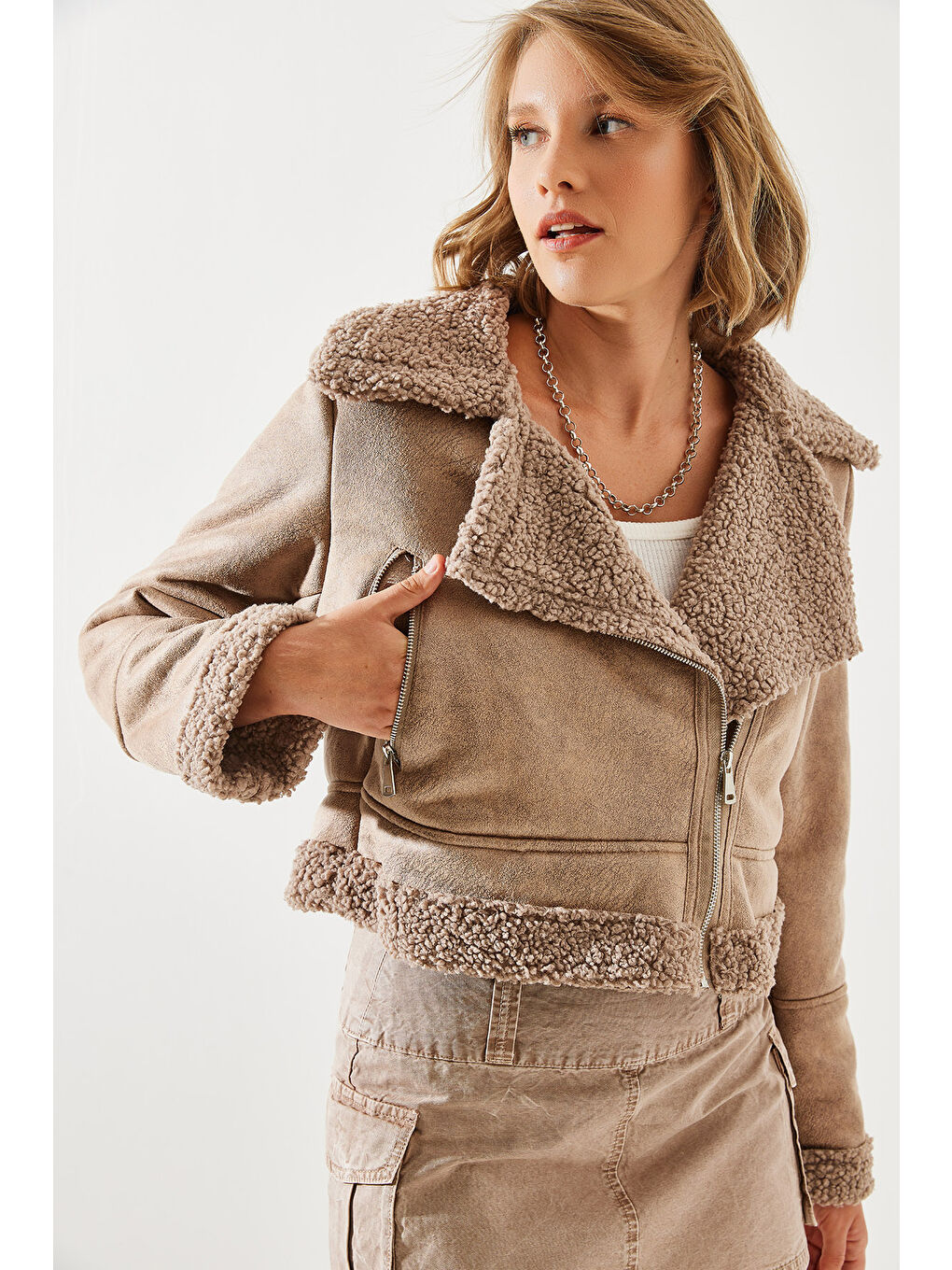 Kahverengi Kadın Lamine Biker Ceket