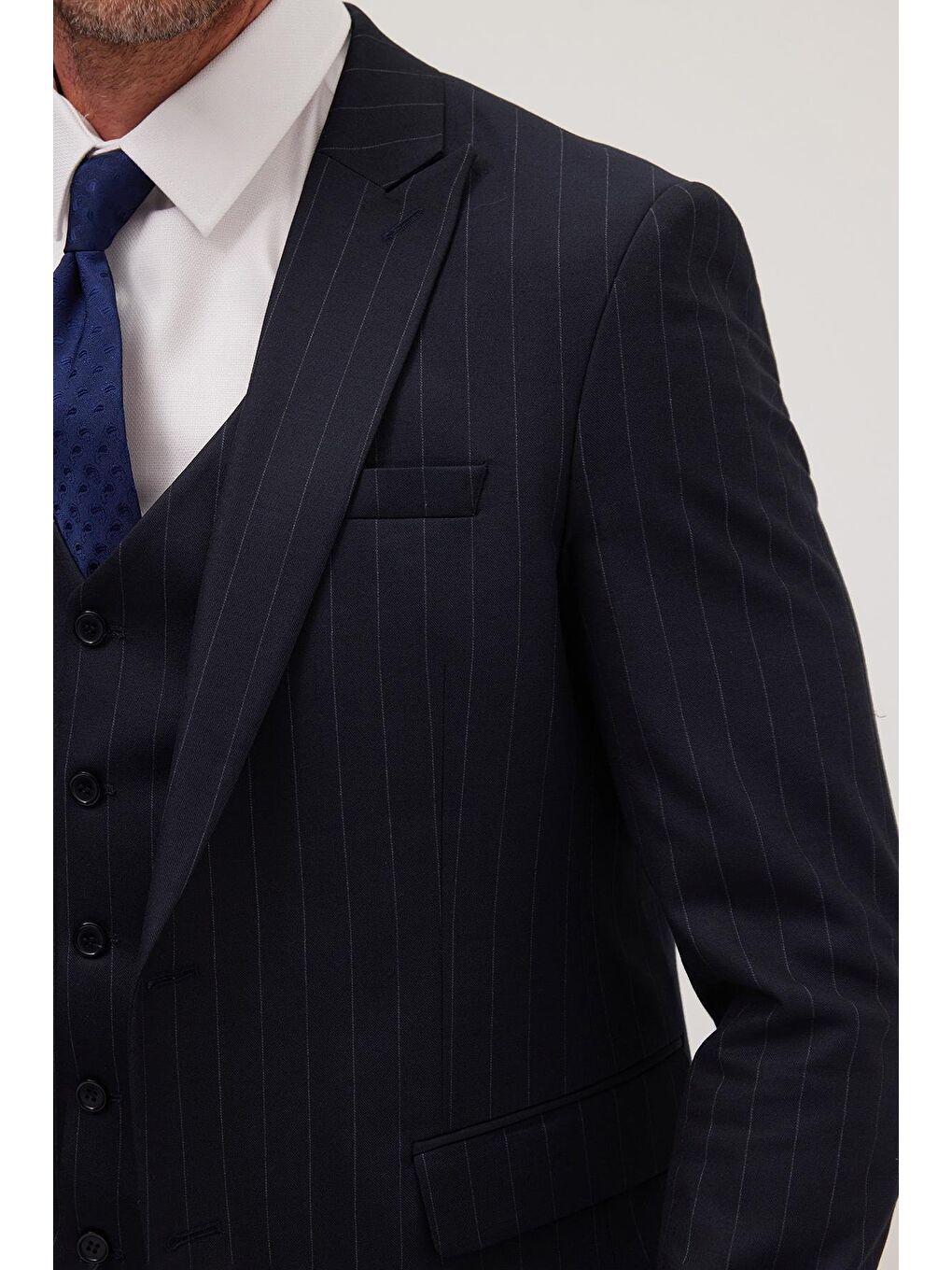 Erkek Slim Fit Lacivert Esnek Elastanlı Kumaş Sivri Yaka Yelekli Takım Elbise-5