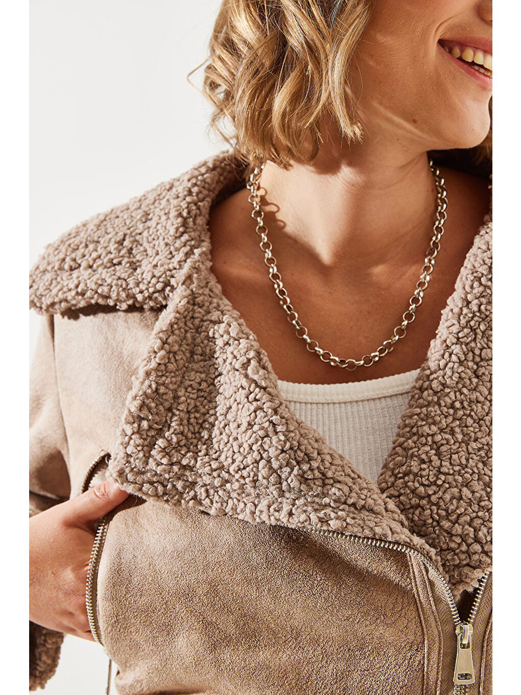 Kahverengi Kadın Lamine Biker Ceket-1