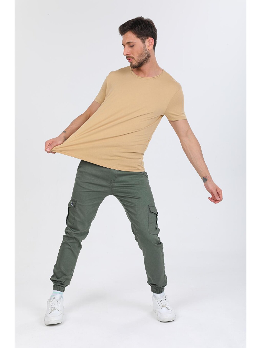 Bej Oversize Fit Pamuklu Kısa Kollu Basic Uniseks Pis Yaka Unisex Tişört-1