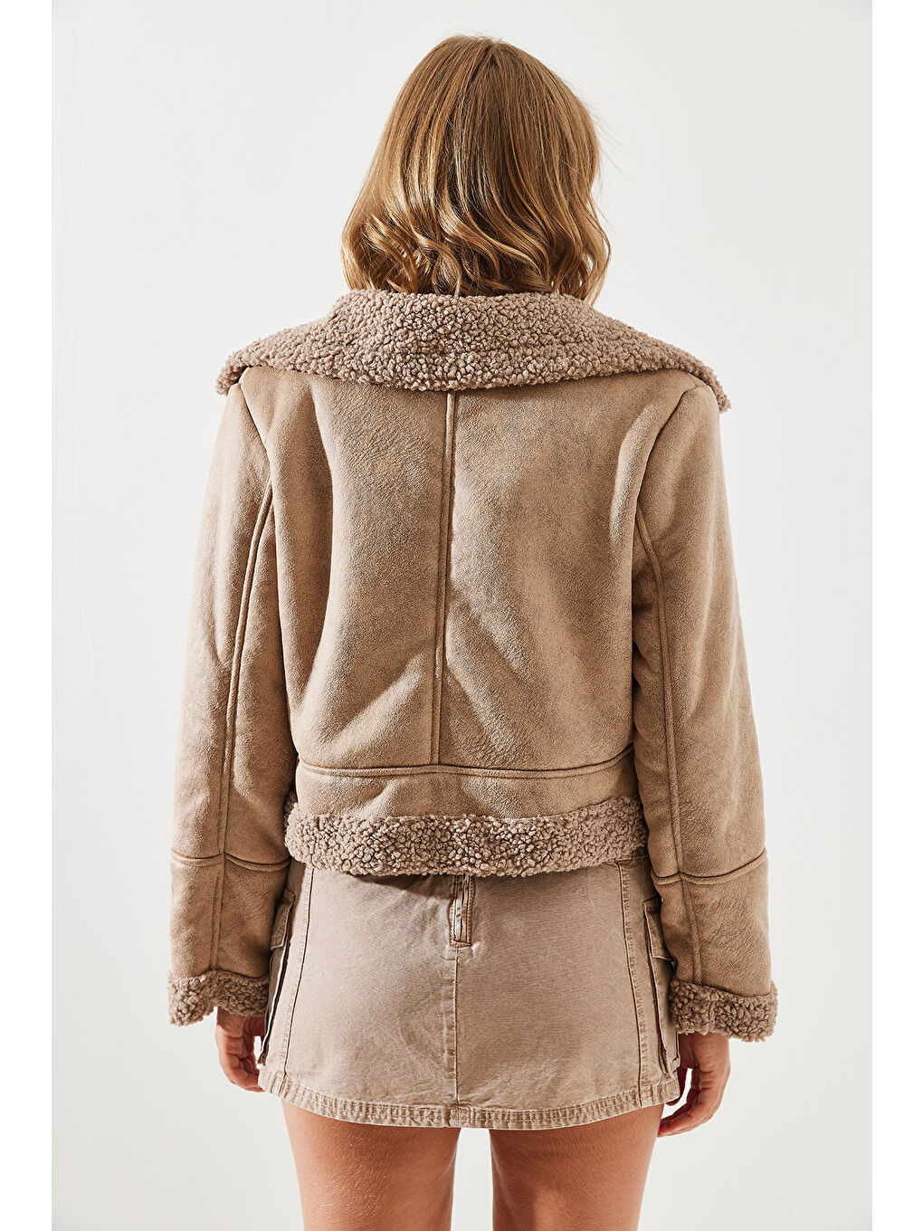 Kahverengi Kadın Lamine Biker Ceket-2