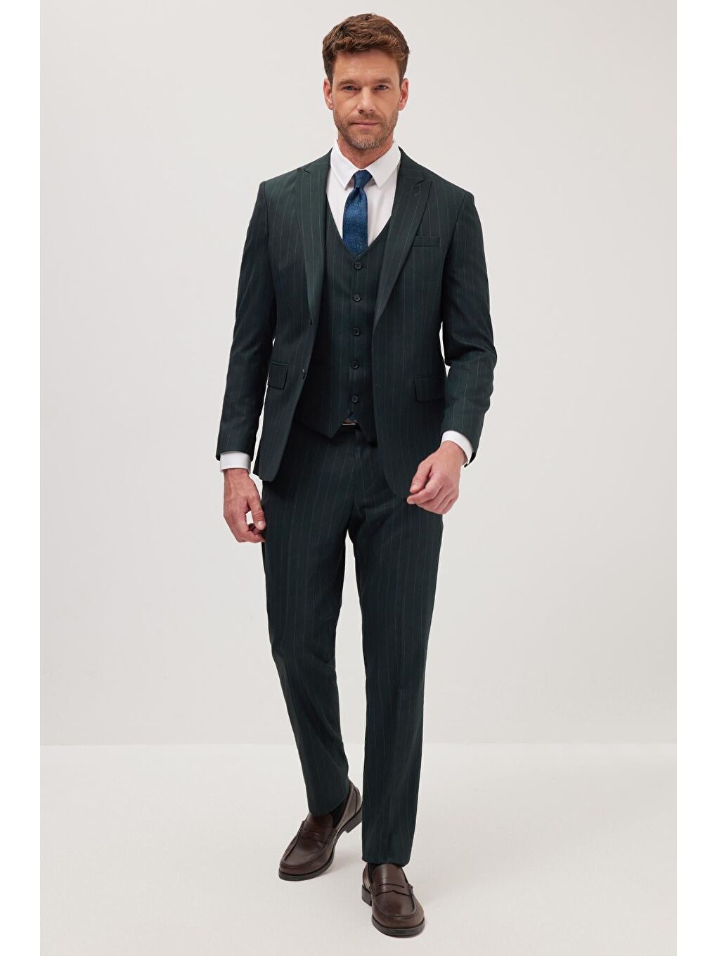 Erkek Slim Fit Haki Esnek Elastanlı Kumaş Sivri Yaka Yelekli Takım Elbise