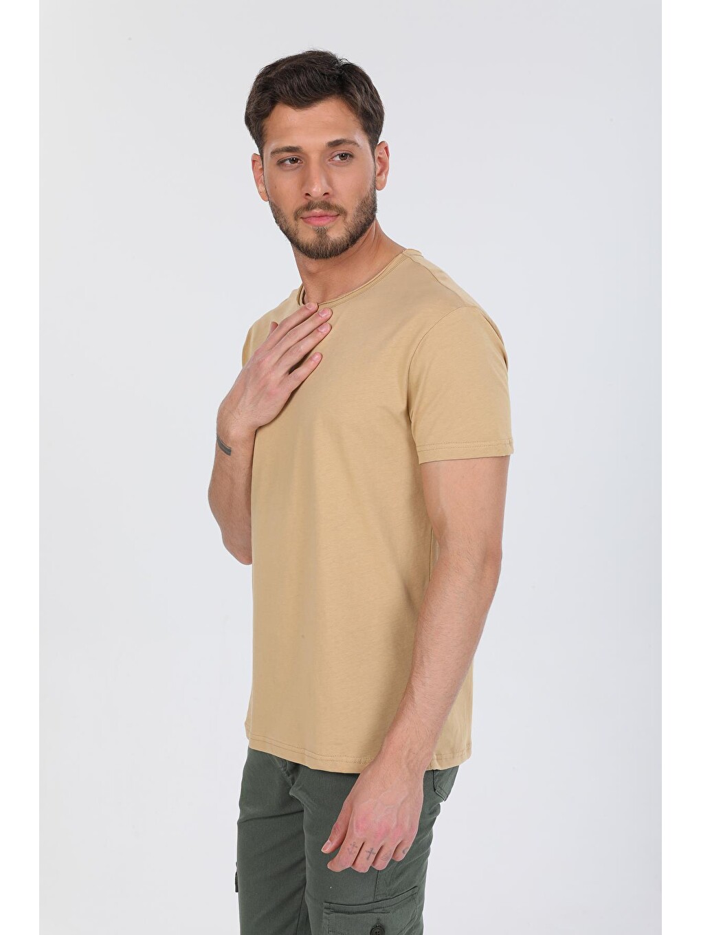 Bej Oversize Fit Pamuklu Kısa Kollu Basic Uniseks Pis Yaka Unisex Tişört-2