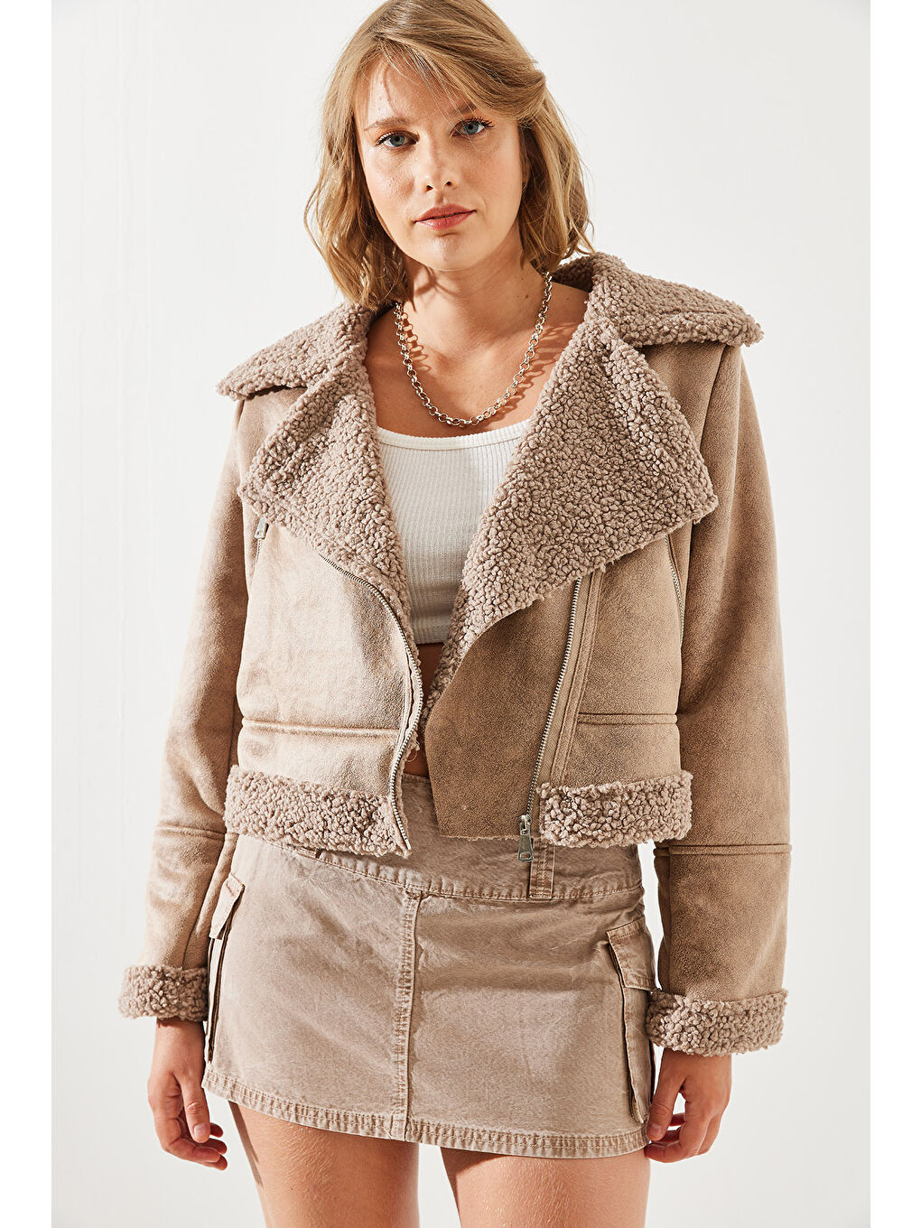 Kahverengi Kadın Lamine Biker Ceket-3