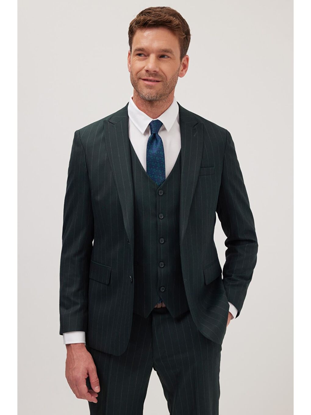 Erkek Slim Fit Haki Esnek Elastanlı Kumaş Sivri Yaka Yelekli Takım Elbise-1