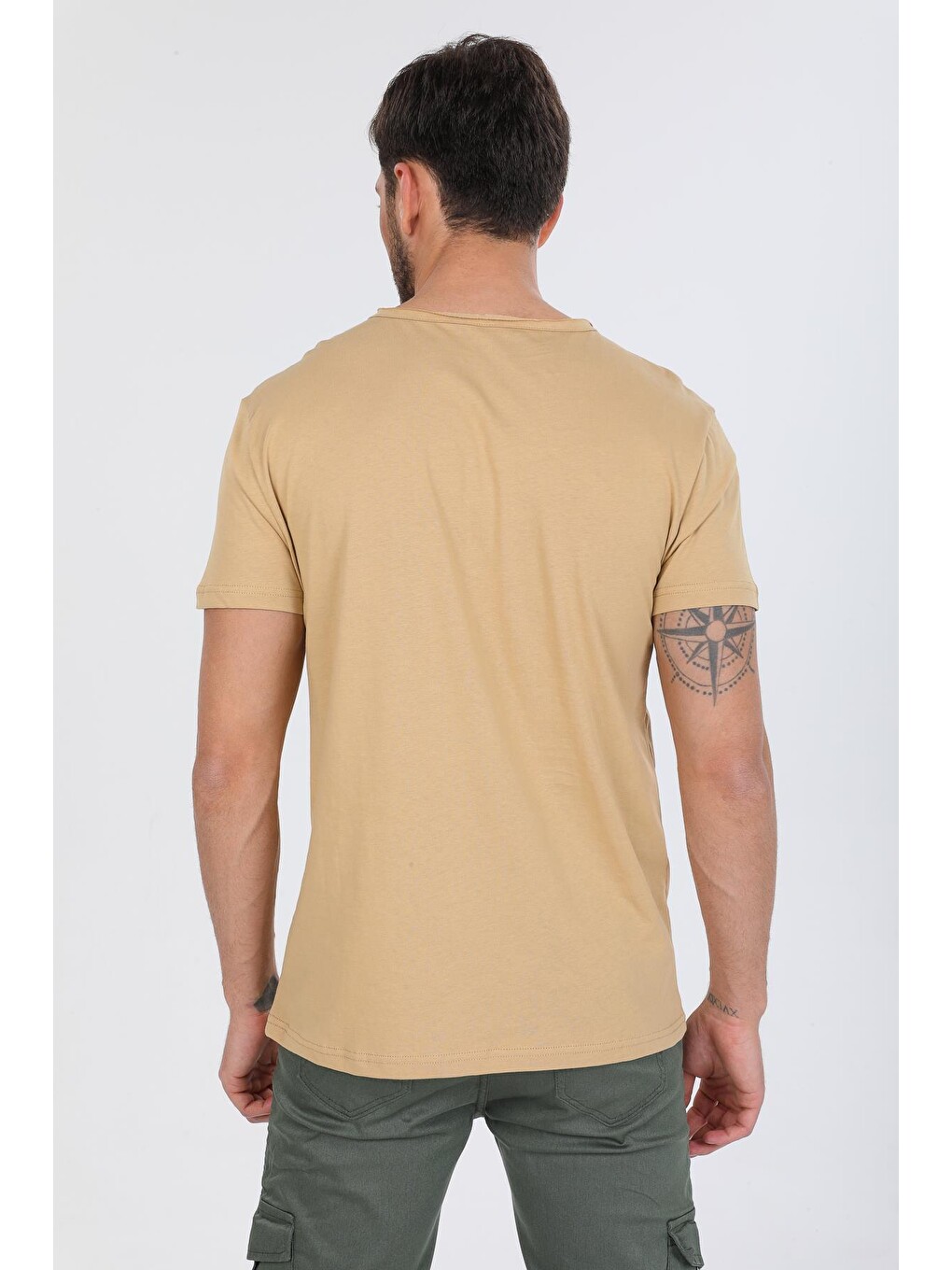 Bej Oversize Fit Pamuklu Kısa Kollu Basic Uniseks Pis Yaka Unisex Tişört-4