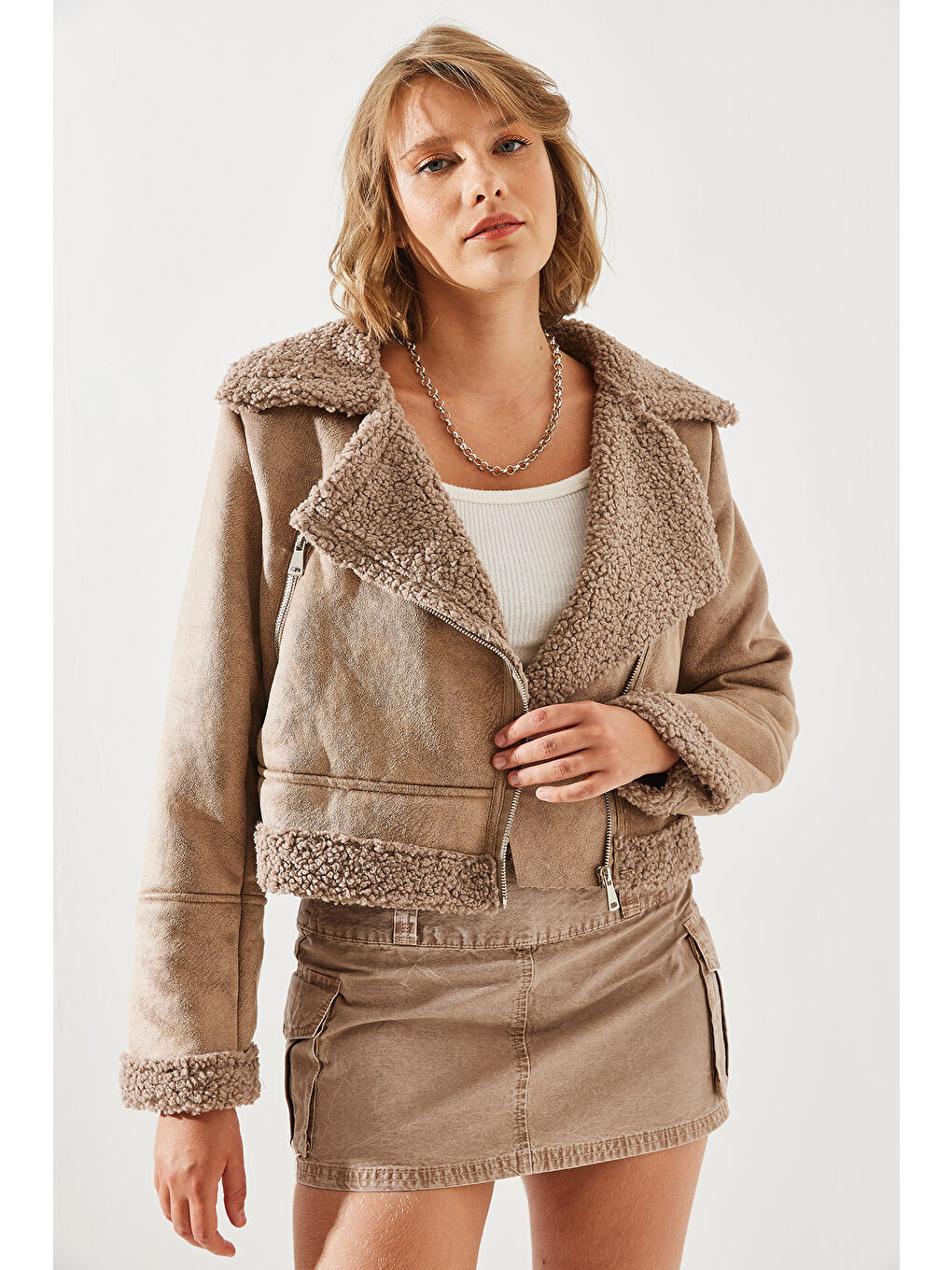 Kahverengi Kadın Lamine Biker Ceket-4