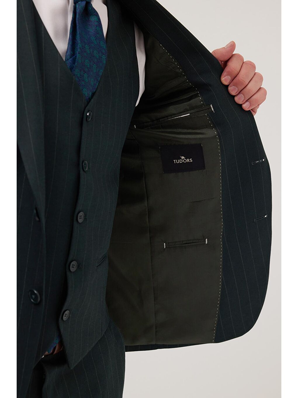 Erkek Slim Fit Haki Esnek Elastanlı Kumaş Sivri Yaka Yelekli Takım Elbise-2