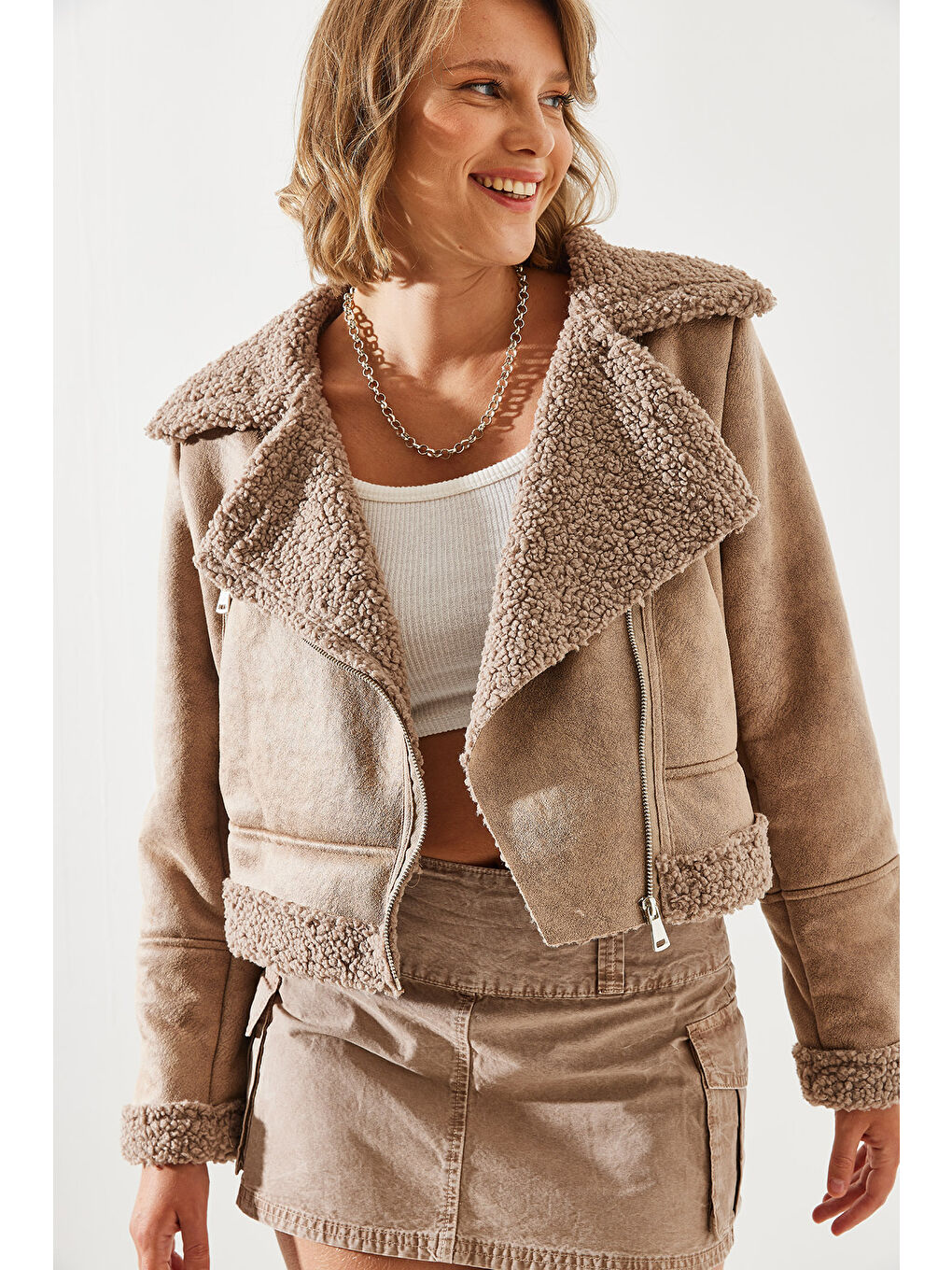 Kahverengi Kadın Lamine Biker Ceket-5