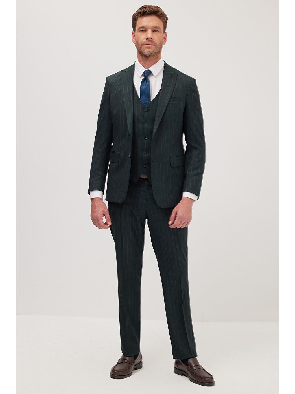 Erkek Slim Fit Haki Esnek Elastanlı Kumaş Sivri Yaka Yelekli Takım Elbise-3