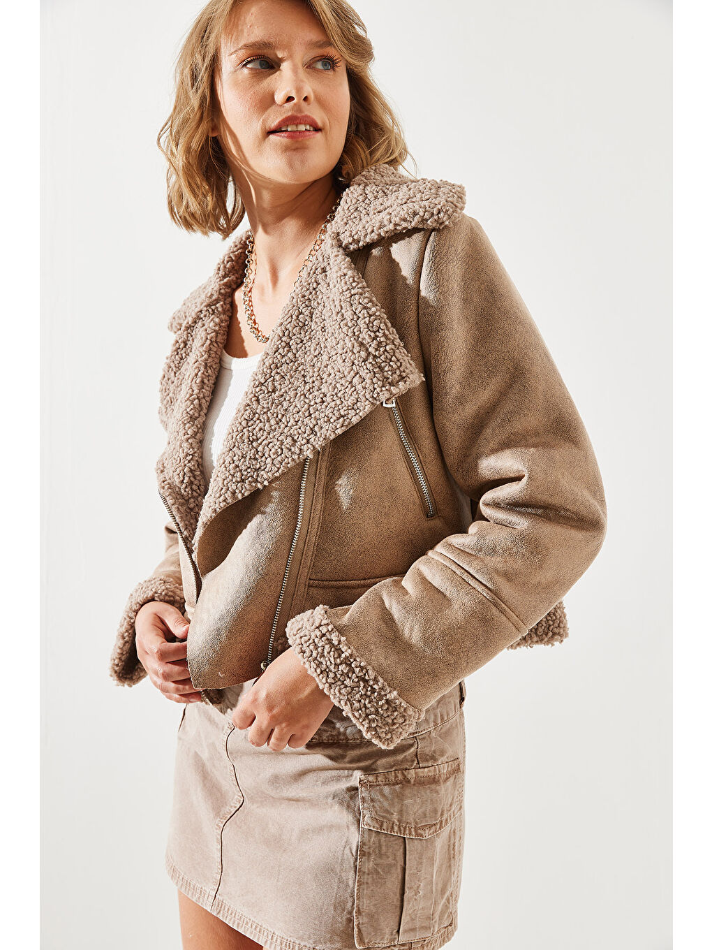 Kahverengi Kadın Lamine Biker Ceket-6