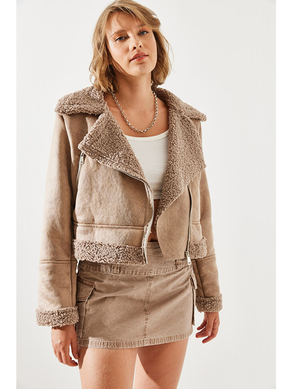 Kahverengi Kadın Lamine Biker Ceket-7