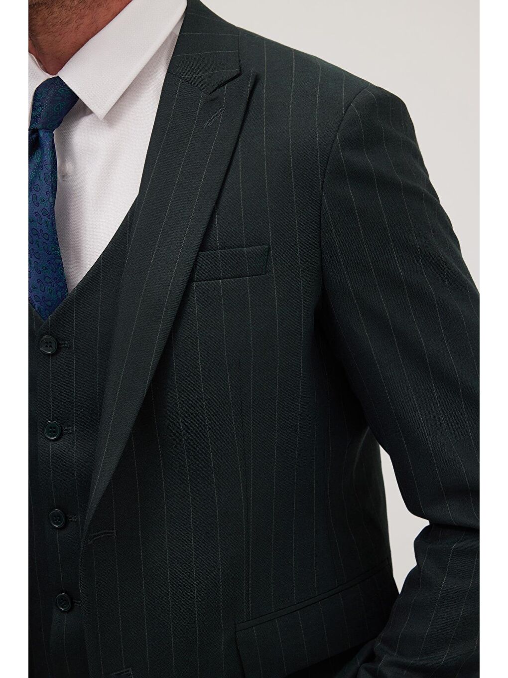 Erkek Slim Fit Haki Esnek Elastanlı Kumaş Sivri Yaka Yelekli Takım Elbise-5