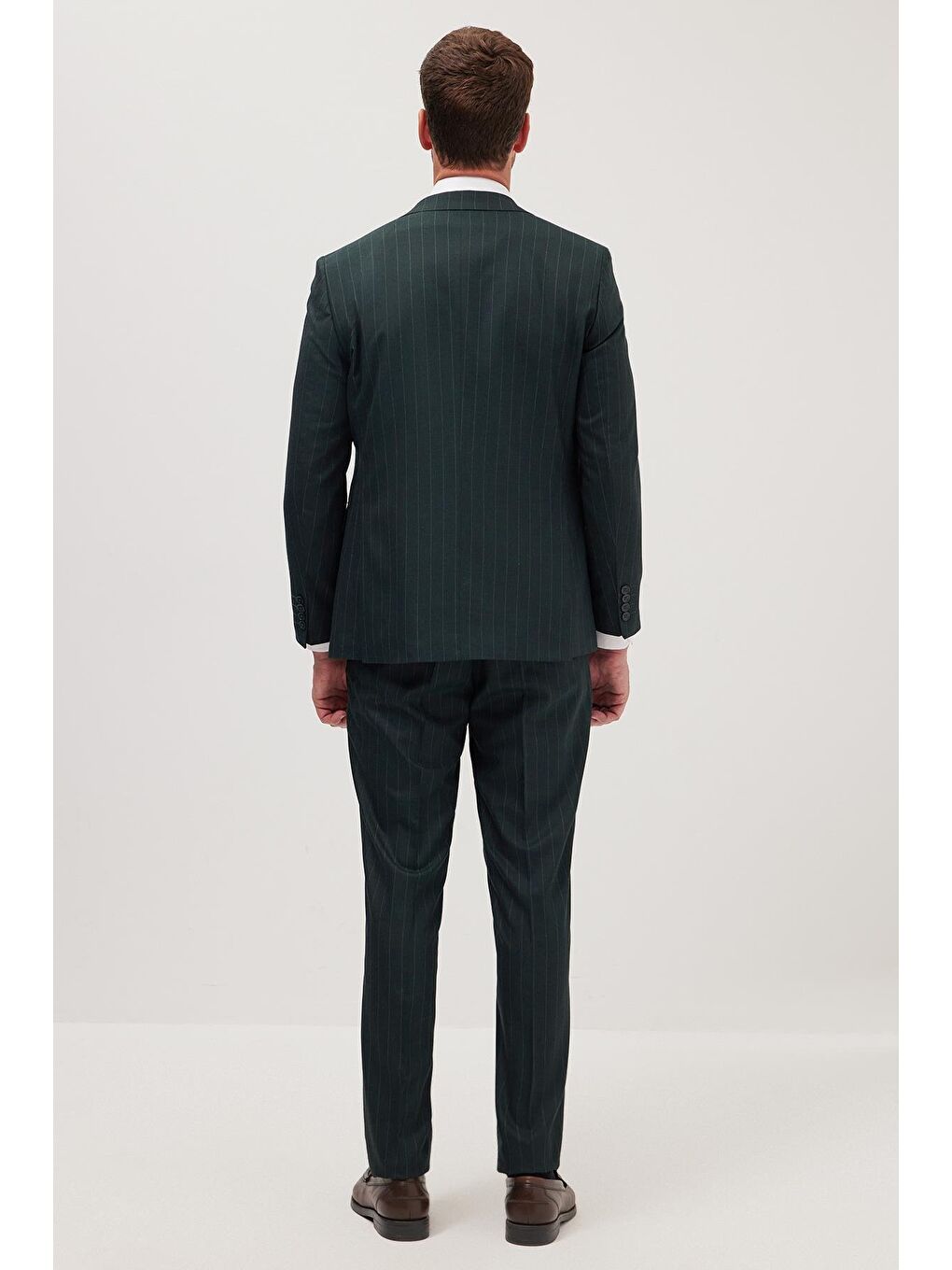 Erkek Slim Fit Haki Esnek Elastanlı Kumaş Sivri Yaka Yelekli Takım Elbise-6