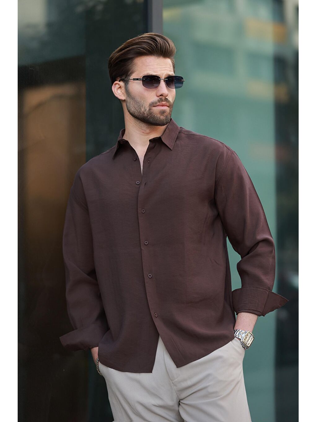 Kahverengi Basic Uzun Kollu Erkek Gömlek E6762