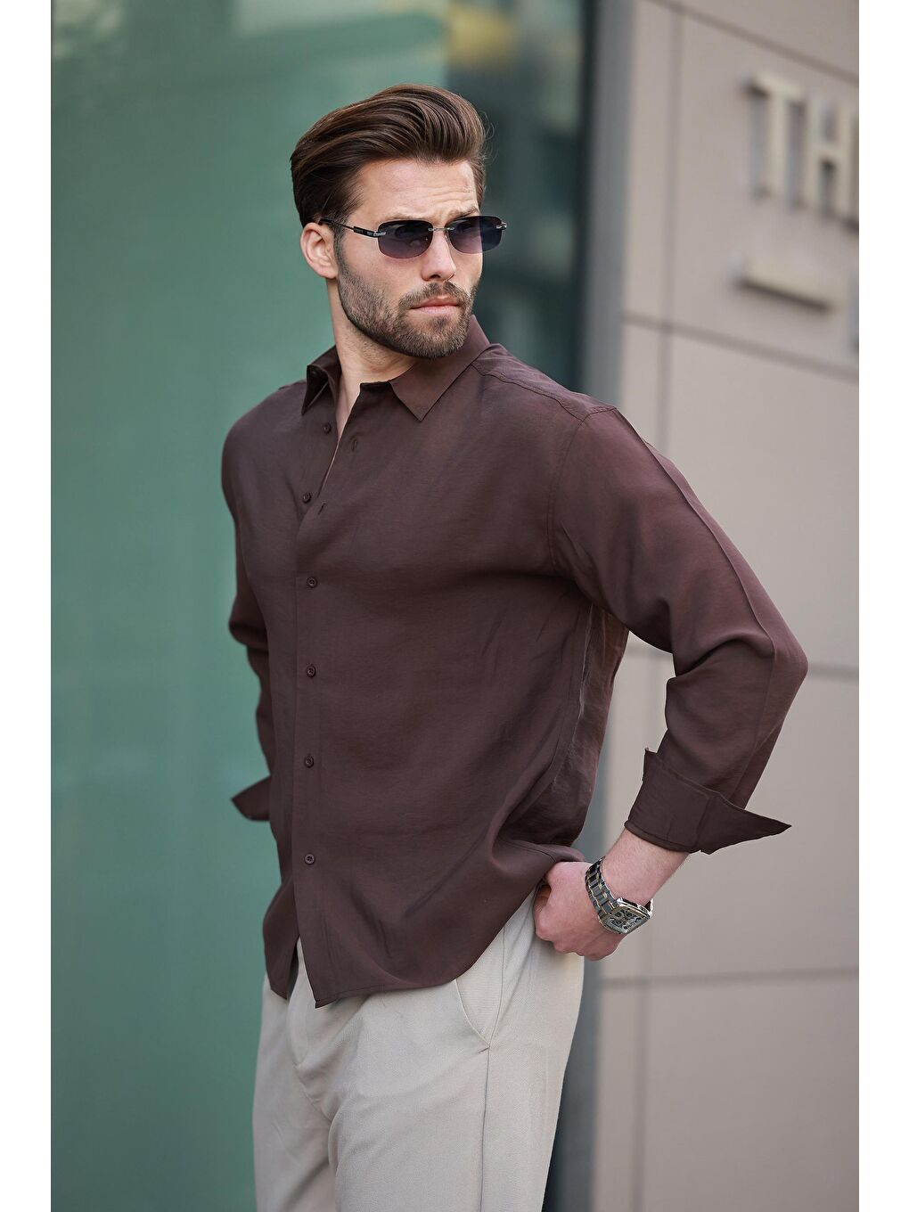 Kahverengi Basic Uzun Kollu Erkek Gömlek E6762-1