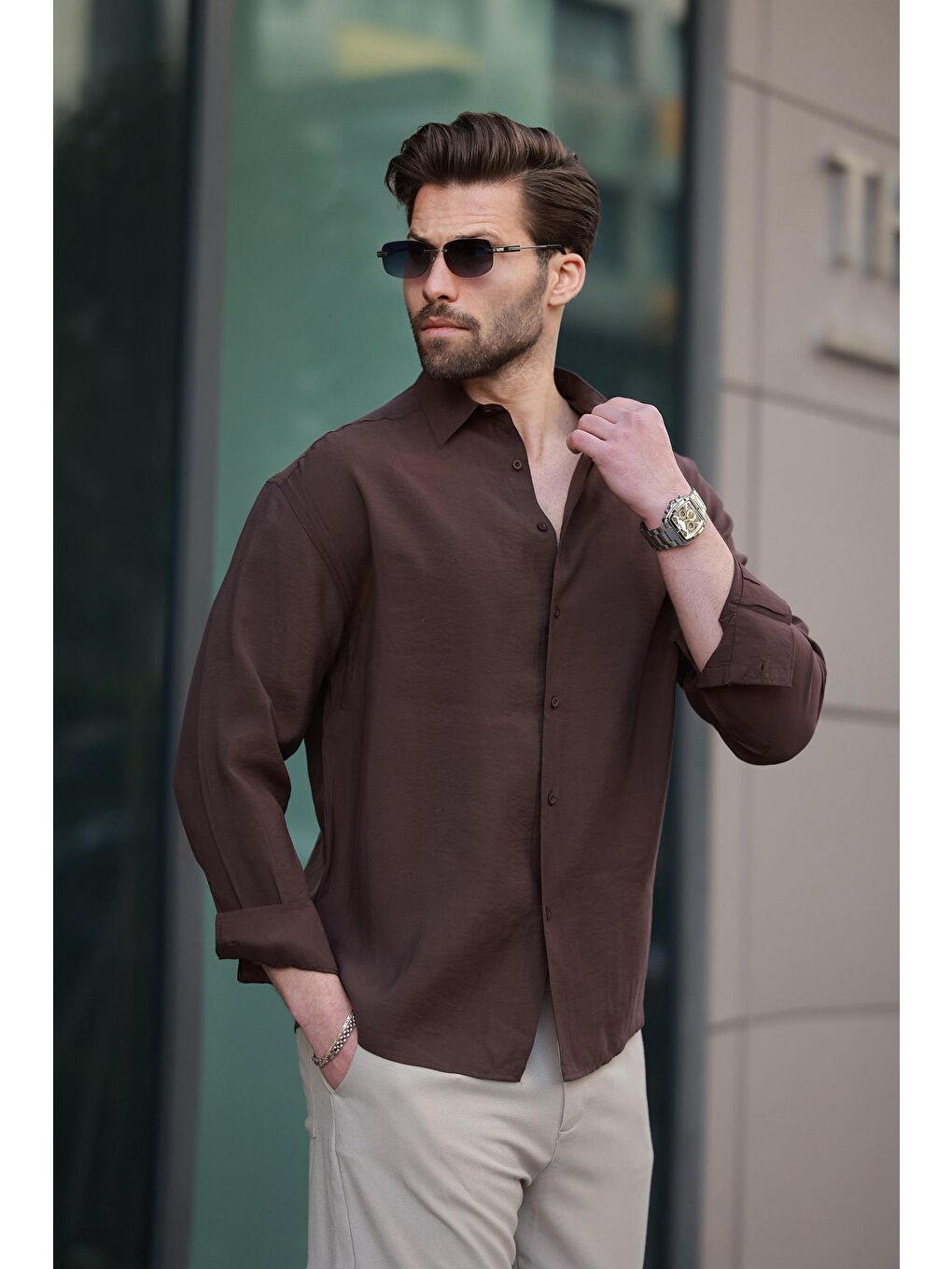 Kahverengi Basic Uzun Kollu Erkek Gömlek E6762-2