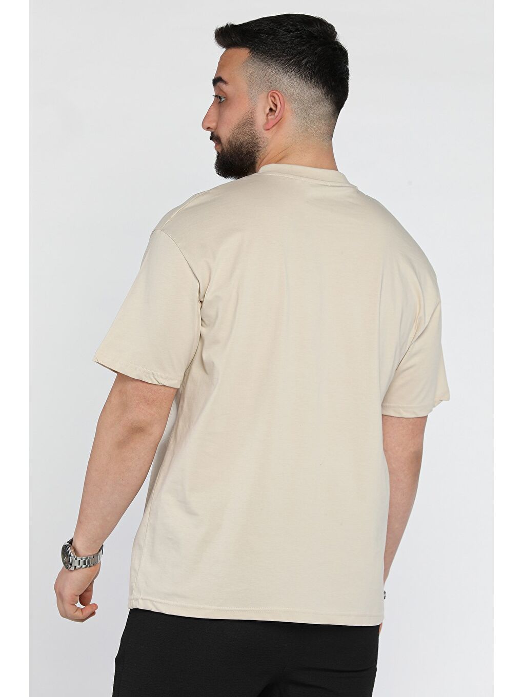 Bej Yazı Baskılı Erkek Bisiklet Yaka Tişört-2