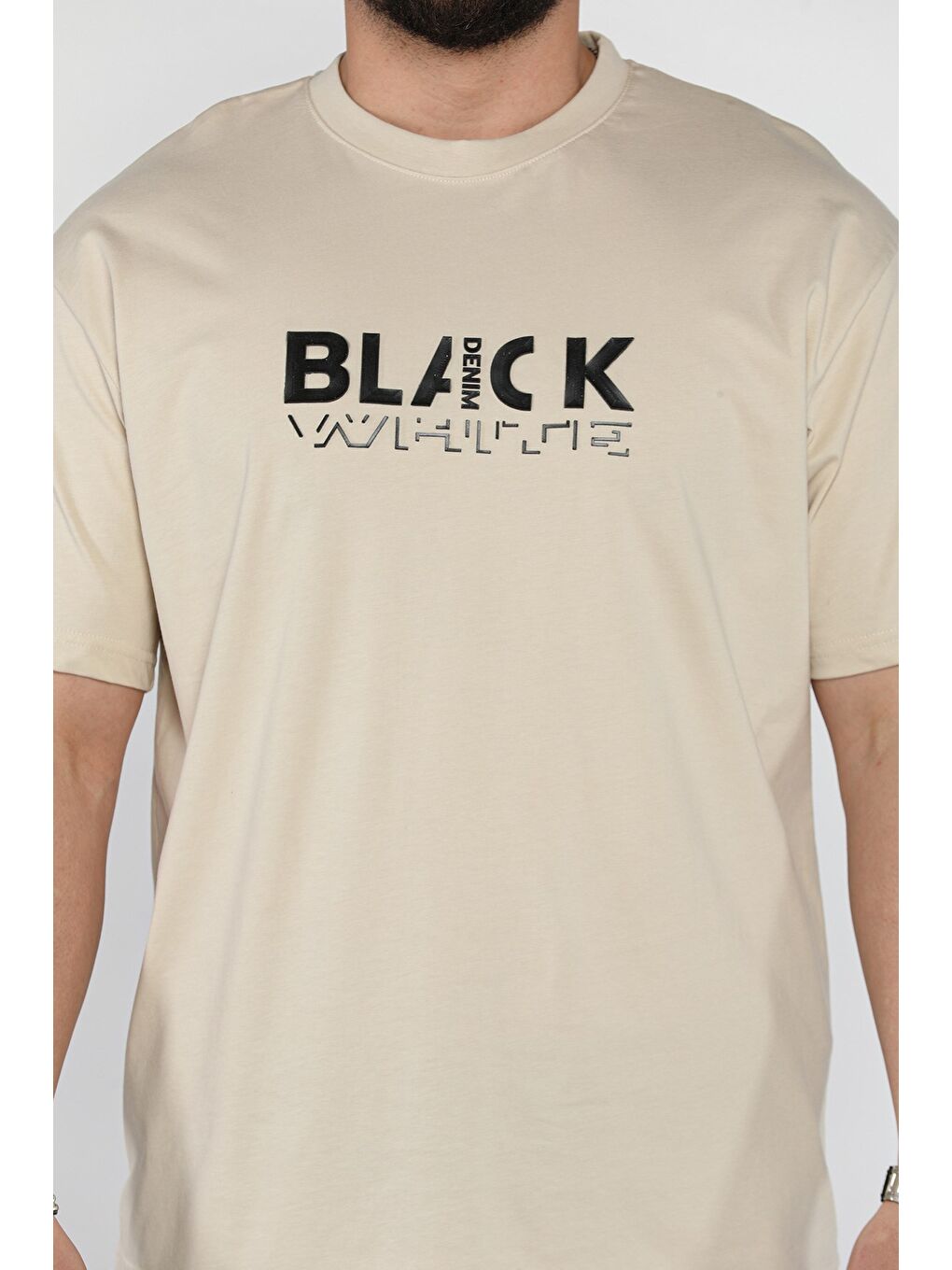 Bej Yazı Baskılı Erkek Bisiklet Yaka Tişört-3